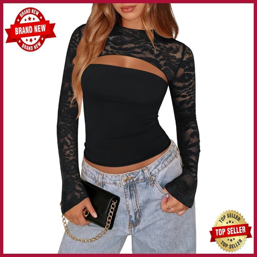 Lace Long Sleeve Top Y2K Crew Neck Cutout Slim Fit Night Out - Picture 1 of 8